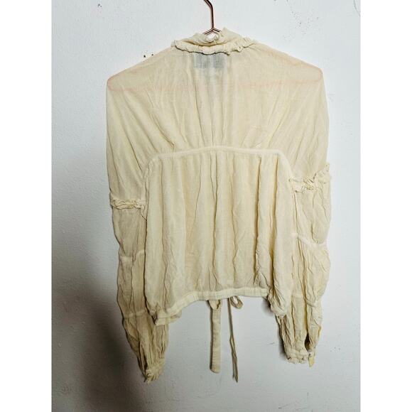 ALEXIS Ivory Cream Crinkle Chiffon Peasant Zip Front Drawstring Hem Posey Top S - Picture 9 of 16